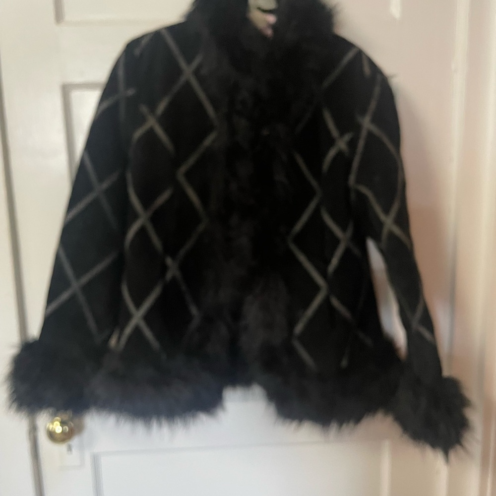 Steve Madden Black and Gray Faux Fur Trim Coat